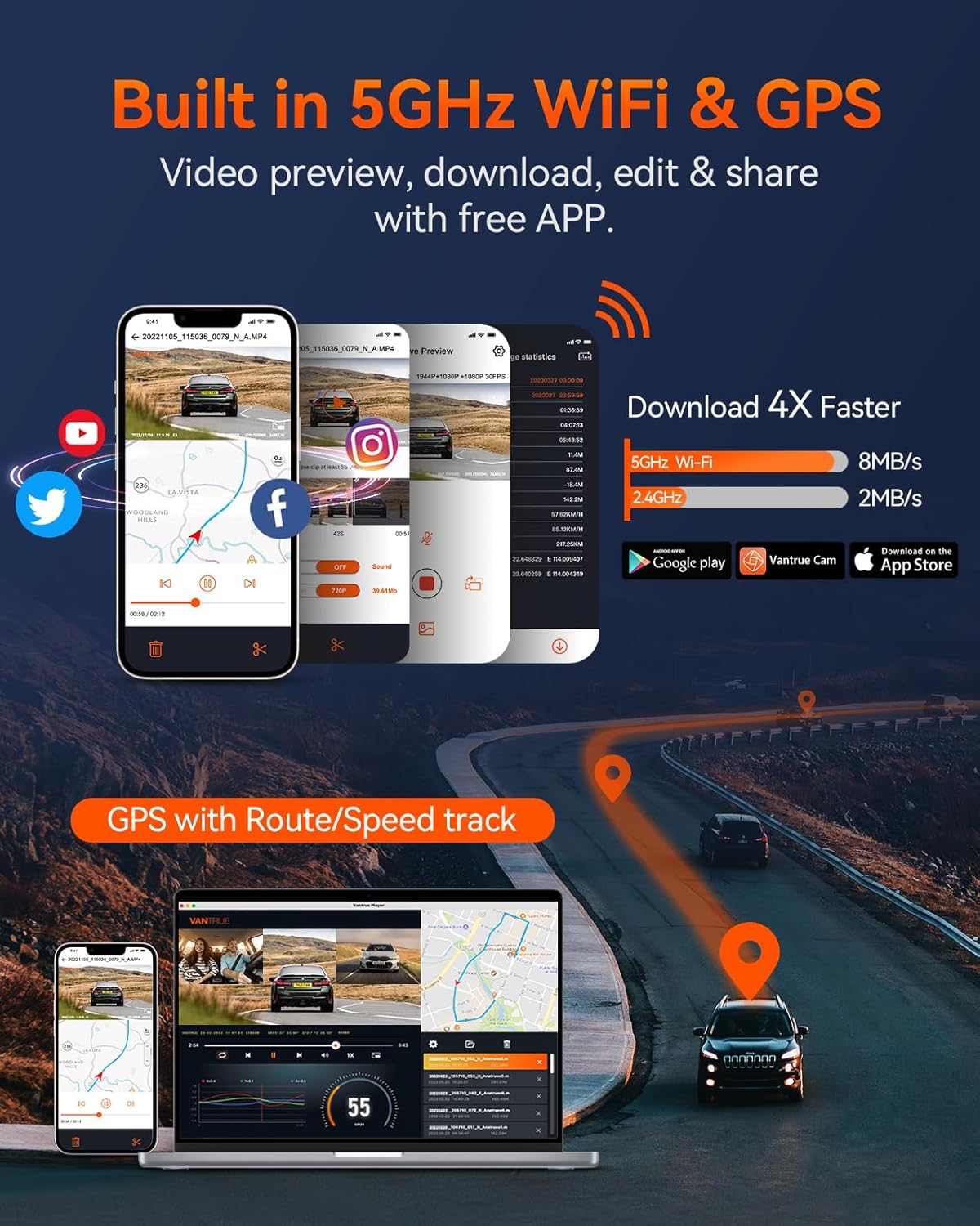 3-Channel (Front + Rear + Interior) Dash Cam Kit - Vantrue Element 3 (E3) Compact 3-Channel Dash Cam for Front, Inside and Rear Recording