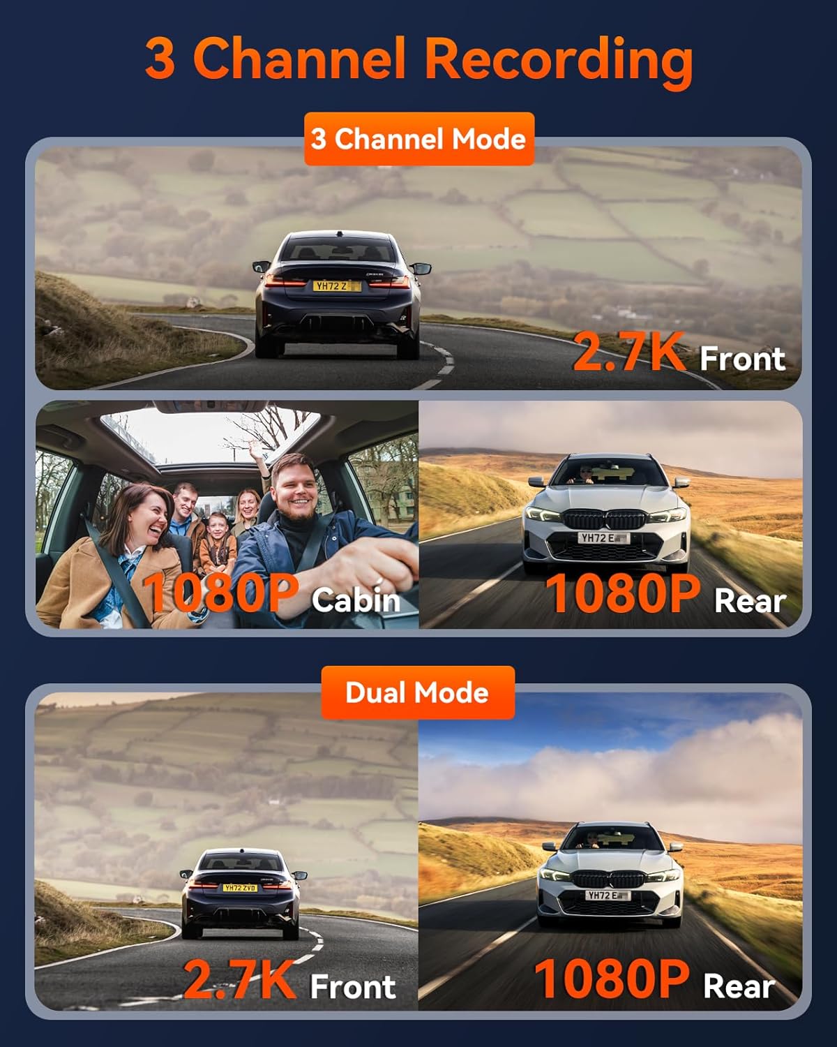 3-Channel (Front + Rear + Interior) Dash Cam Kit - Vantrue Element 3 (E3) Compact 3-Channel Dash Cam for Front, Inside and Rear Recording