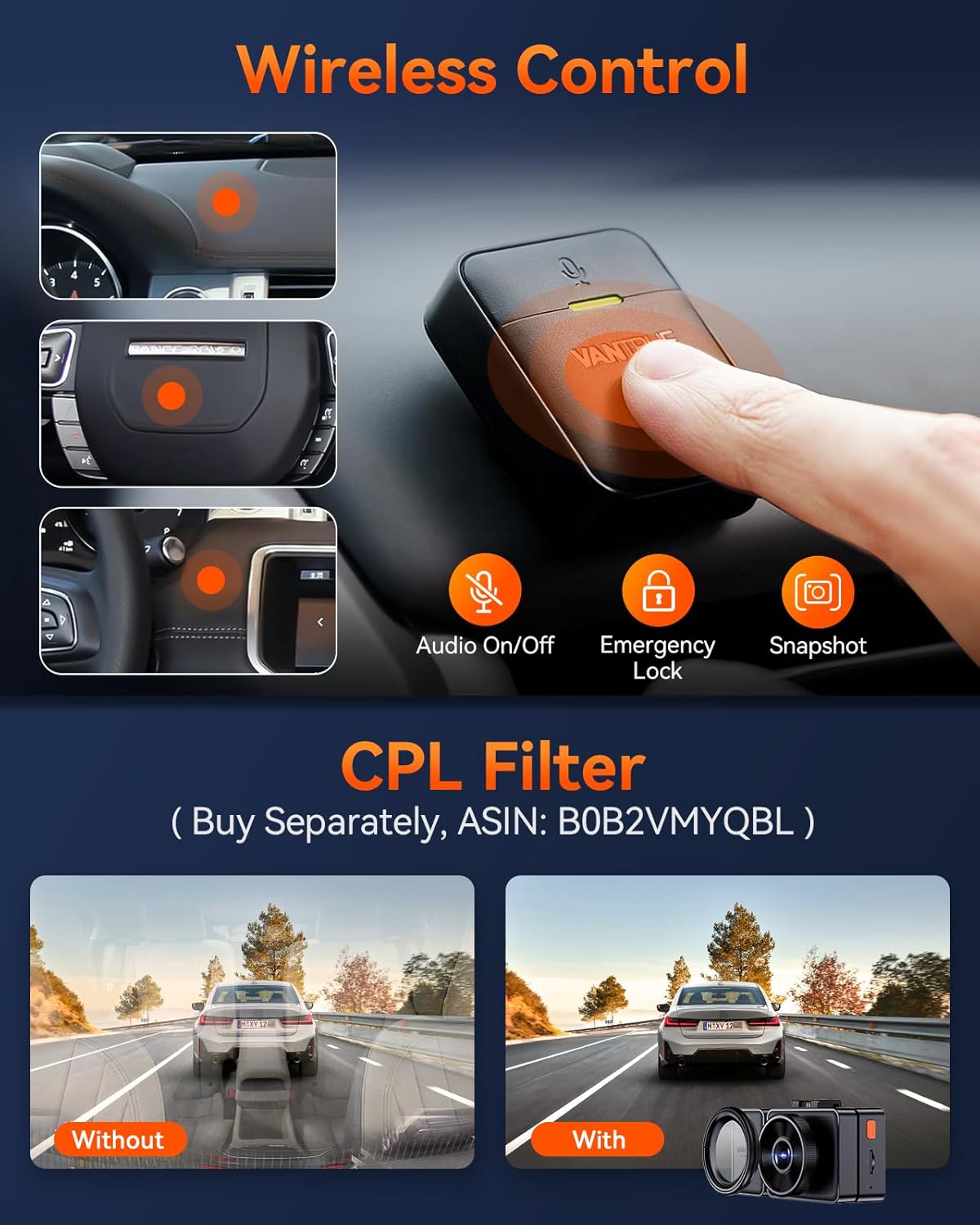 3-Channel (Front + Rear + Interior) Dash Cam Kit - Vantrue Element 3 (E3) Compact 3-Channel Dash Cam for Front, Inside and Rear Recording