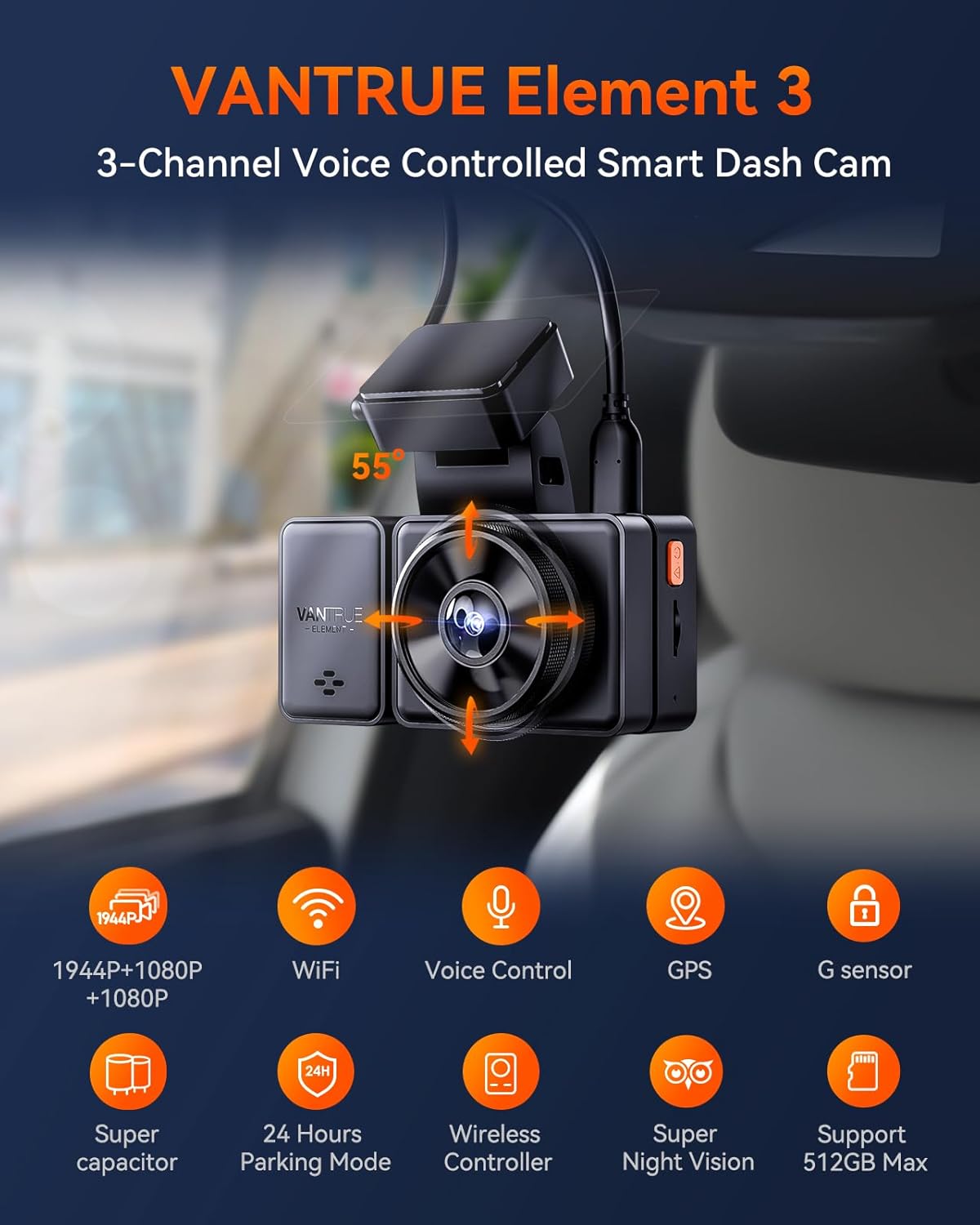 3-Channel (Front + Rear + Interior) Dash Cam Kit - Vantrue Element 3 (E3) Compact 3-Channel Dash Cam for Front, Inside and Rear Recording